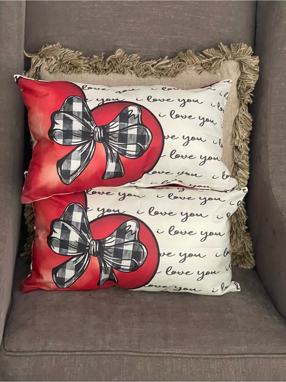 Red Heart Bow Printed Decorative Pillow - Home love